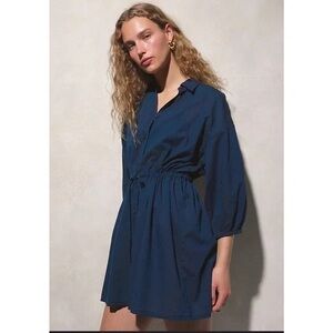 New J Crew Cinched Shirt Dress 100% Cotton Navy Blue Puff Sleeve Travel Medium
